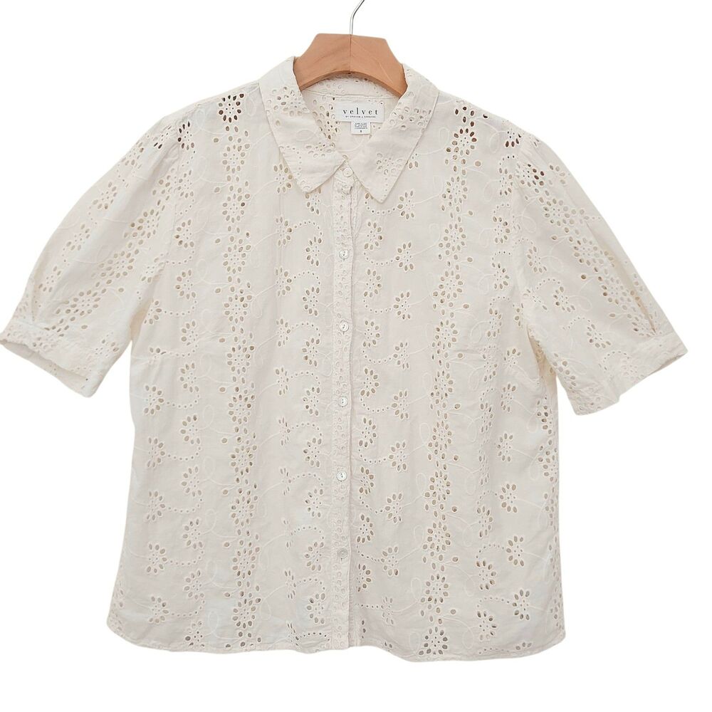 Velvet by Graham & Spencer Blouse Womens Small Beige Embroidered Eyelet Bohemian